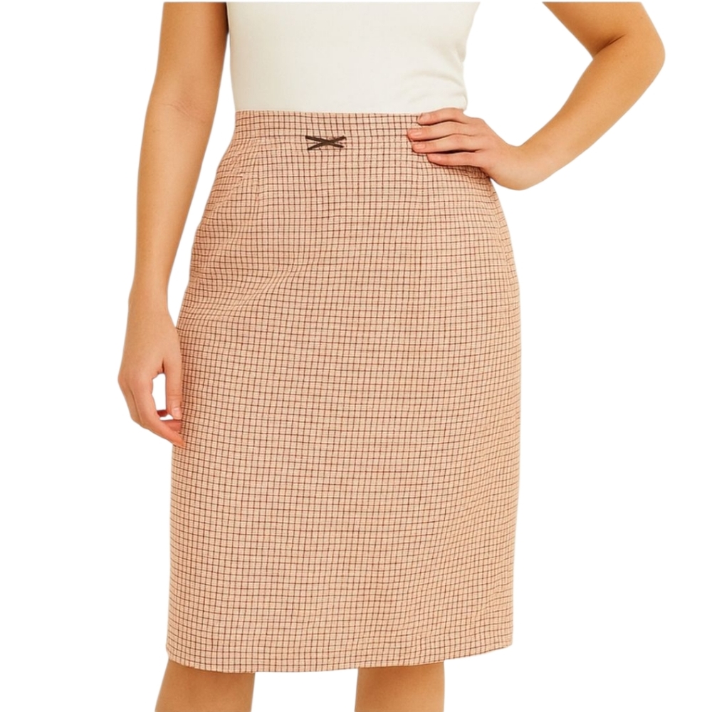 NWT Vintage Pencil Skirt Tailored Tan Red Grid plaid
